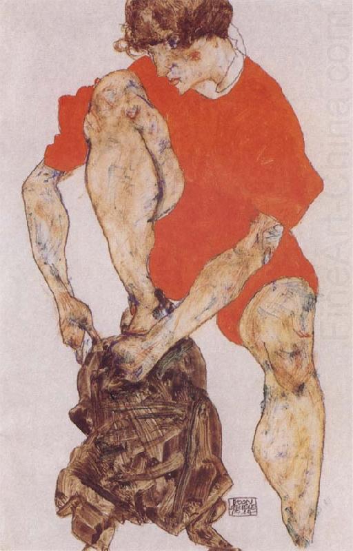Female Model in Bright Red Jacket and Pants, Egon Schiele